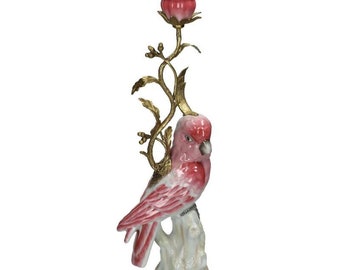 Porcelain Pink Parrot Brass Candle Holder, Bird Candle Holder, Parrot Candlestick, Hollywood Regency Decor, Luxe, Decorative, Vintage Style