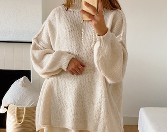Oversized Mohair Blend Sweater Latte, Wool Sweater, Oversized Ivory Knit, Cozy, Alpaca Wool Sweater, Soft, Neutral Style, Layering Piece