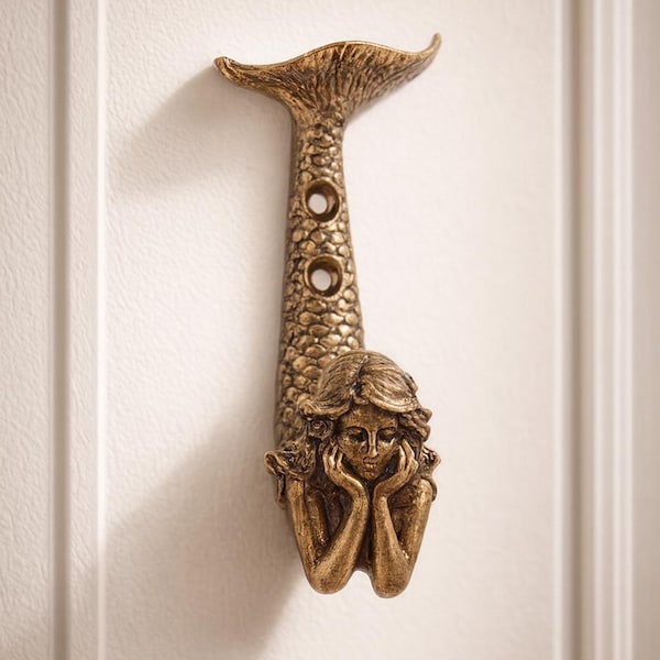 Gancho de pared de metal con forma de sirena, gancho de metal dorado, decoración vintage para el hogar, adorno de pared Mermaidcore, gancho dorado original, idea de regalo única.