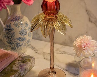 ピンクの花装飾　インテリアキャンドル　メモリアルキャンドル　レトロ　結婚式 チューリップフラワーガラスキャンドルホルダー、ピンク、オレンジの花