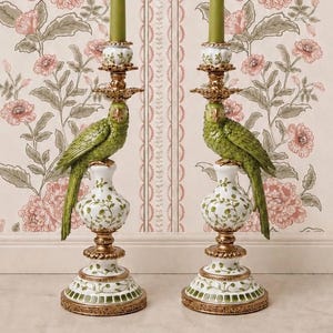 Palm Court Green Parrot Candle Holder Pair, Bird Candlestick, Hollywood Regency, Glam Decor, Luxury, Decorative, Ornamental, Vintage Style