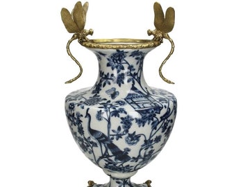 Regal Blue Porcelain Brass Dragonfly Vase, Royal, Luxe Decor, Decorative, Ornate, Elegant, Vintage Style, Old World Charm, Statement Piece