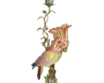 Porcelain Pink Cockatoo Brass Candle Holder, Bird Candle Holder, Parrot Candlestick, Hollywood Regency Decor, Luxe, Decorative, Charming