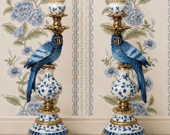 Blue White Parrot Candle Holder Pair, Bird Candlestick, Hollywood Regency Glam Decor, Luxury, Decorative, Ornamental, Vintage Style, Gift