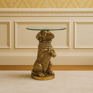 Kultiger Hundeglas-Beistelltisch, Hollywood Regency-Akzenttisch, Goldtiertisch mit Glasplatte, Goldhundemöbel, bezauberndes Vintage-Stil-Dekor
