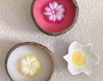 Hawaiian Flower Scented Coconut Candle, Frangipani, Rose Floral Scent, Hand Poured Candle in Coconut Shell, Exotic, Island-Inspired, Beachy