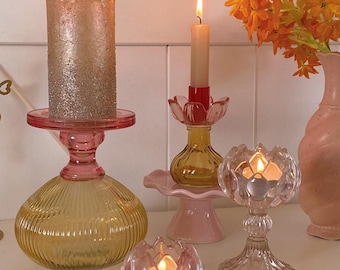 チューリップフラワーガラスキャンドルホルダー、ピンク、オレンジの花