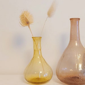 May include: Two glass vases, one amber and one clear, with dried flowers. The amber vase is smaller and has a rounder shape. The clear vase is taller and has a more elongated shape.