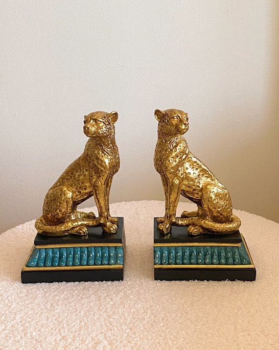 Gold Leopard Bookend Pair, Luxe Shelf Decor, Leopard Sculpture, Bookend Set, Safari Chic, Panther Pair, Hollywood Regency, Animal Decor