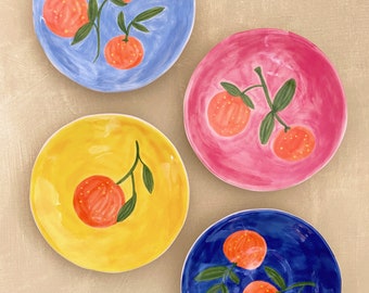 Clementina de plato, plato naranja de cerámica pintado a mano, vajilla de verano de primavera de colores, utensilios de cocina de cítricos, decoración mediterránea, regalo de anfitriona