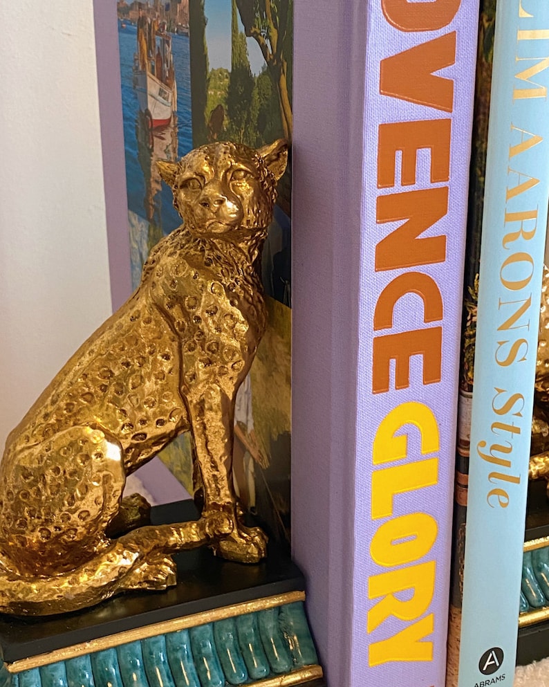 K&ouml;nnte beinhalten: Ein goldfarbener Geparden-Buchst&uuml;tze steht neben B&uuml;chern. Die Buchst&uuml;tze ist mit Flecken und einer strukturierten Oberfl&auml;che versehen. Die B&uuml;cher haben Titel in orangefarbenen und goldenen Buchstaben. Der Sockel der Buchst&uuml;tze ist t&uuml;rkis und schwarz.