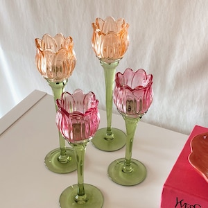 Tulip Flower Glass Candle Holder, Pink, Orange Flower-Shaped Candlestick, Floral Decor, Mouth Blown, Decorative, Spring Home Accent, Gift image 2