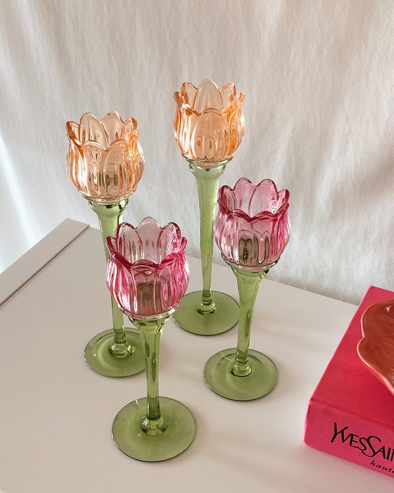 Tulip Flower Glass Candle Holder, Pink, Orange Flower-Shaped Candlestick, Floral Decor, Mouth Blown, Decorative, Spring Home Accent, Gift image 2