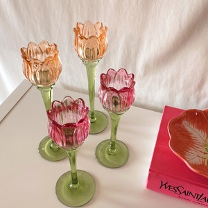 Tulip Flower Glass Candle Holder, Pink, Orange Flower-Shaped Candlestick, Floral Decor, Mouth Blown, Decorative, Spring Home Accent, Gift zdjęcie 9
