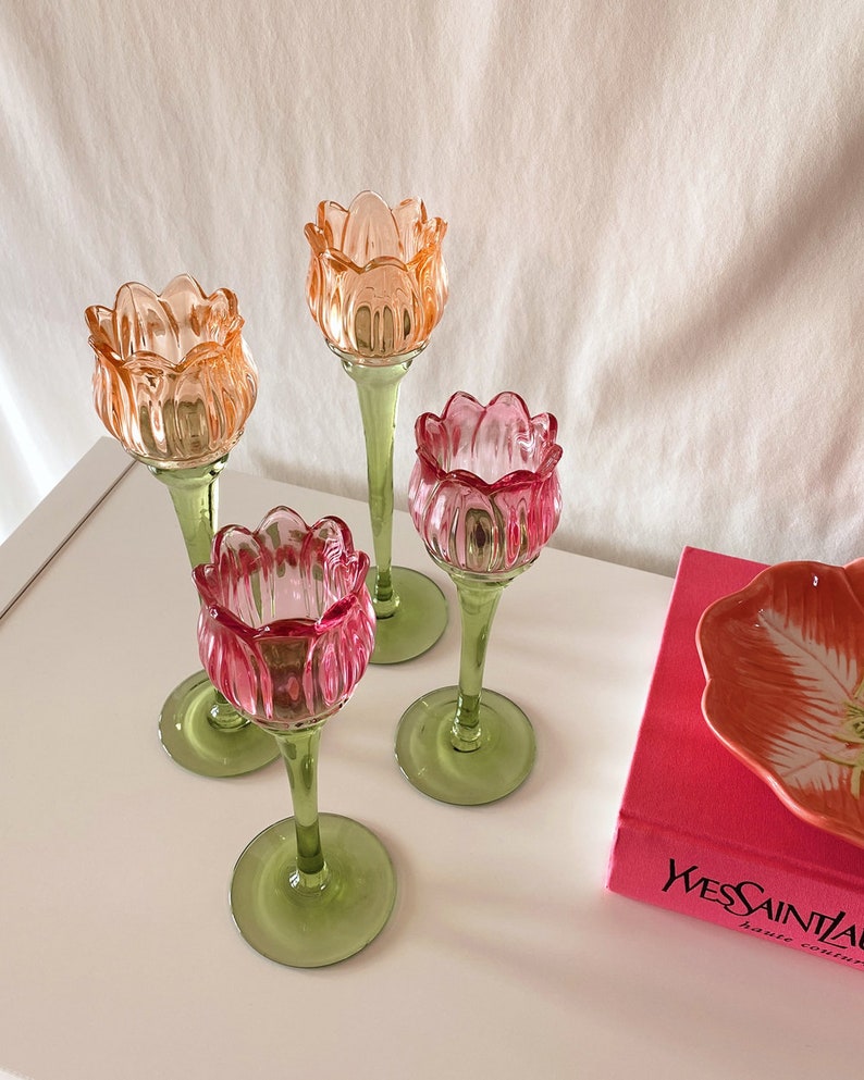 Tulip Flower Glass Candle Holder, Pink, Orange Flower-Shaped Candlestick, Floral Decor, Mouth Blown, Decorative, Spring Home Accent, Gift image 9