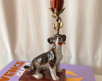 Hollywood Classic Porcelain Dog Brass Candle Holder, Dog-Shaped Candlestick, Nostalgic Candle Stand, Luxe, Vintage Style Decor, Dog Lover
