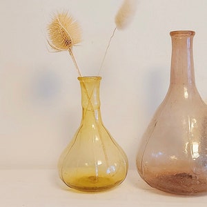 May include: Two glass vases, one amber and one clear, with a dried flower arrangement. The amber vase is round and has a bulbous shape. The clear vase is taller and has a more traditional shape.