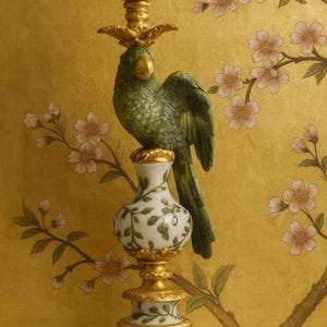Chique groen goud papegaai kandelaar, vogelkandelaar, Hollywood Regency, glamour decor, luxe, decoratief, sier, vintage stijl, cadeau