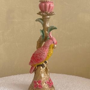 Hollywood Regency Pink Parrot Candle Holder, Bird Candlestick, Pink Green Gold Glam Decor, Luxury, Decorative, Ornamental, Vintage Style