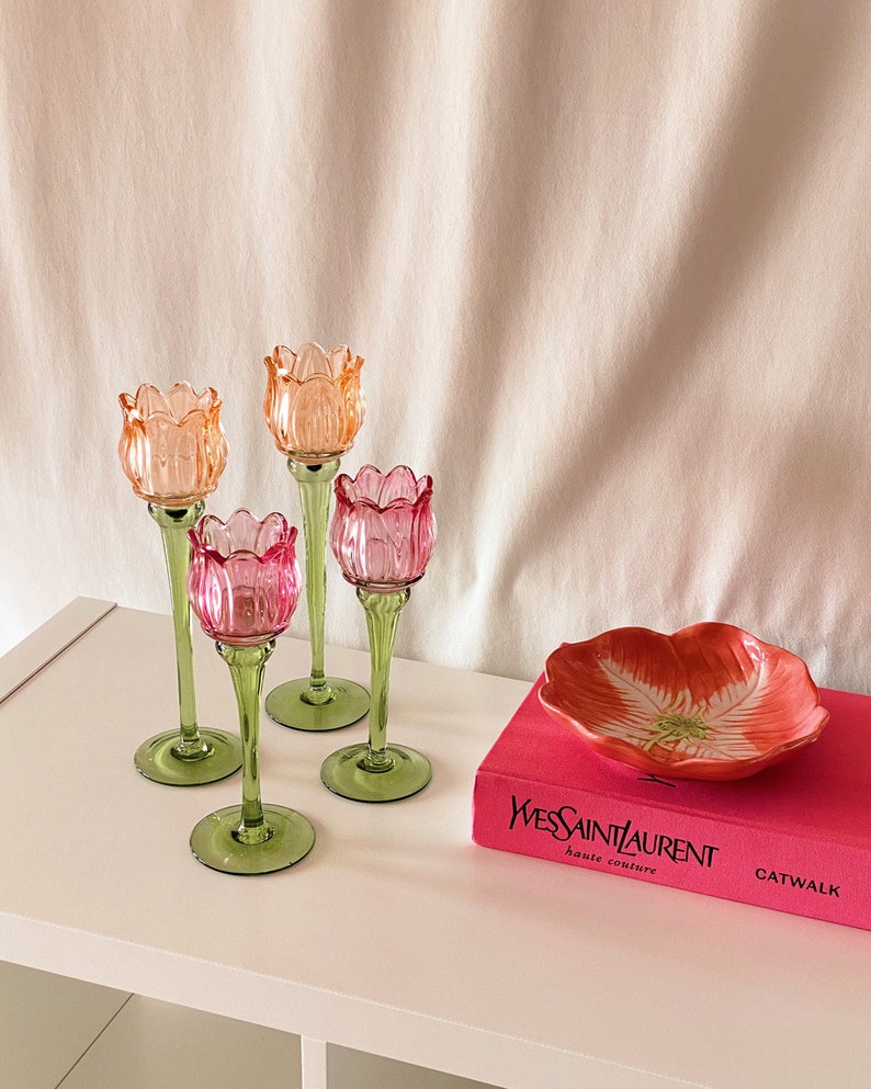 Bougeoir en verre tulipe rose, bougeoir en forme de fleur orange, décoration florale, soufflé à la bouche, décoration printanière, cadeau image 10