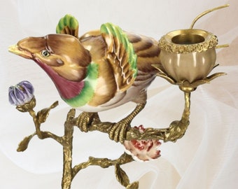 パリ鳥オブジェ　台座付アンティークビンテージ bird of paradise Porcelain Paradise Birds Brass Candle Holder, Bird Candle Holder