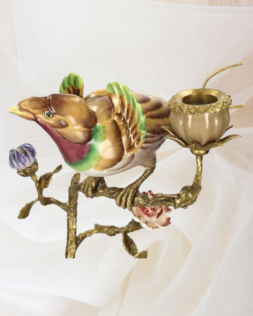 Porcelain Paradise Birds Brass Candle Holder, Bird Candle Holder