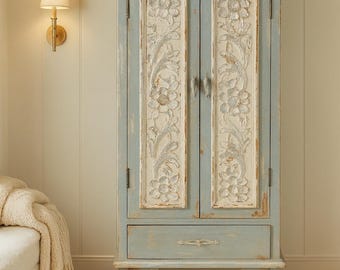 Houten opbergkast Provence Mist, kast in Franse stijl, kast, tweekleurige kledingkast, rustieke boerderijkast, vintage meubels, tweekleurige kledingkast, kast in Franse stijl