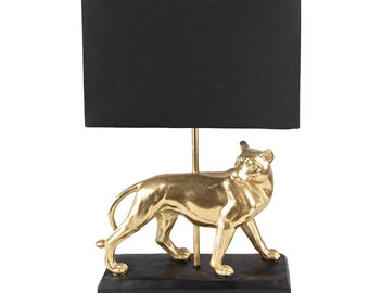 Lampe de table léopard dorée avec abat-jour noir, panthère, chat sauvage, lampe animal, safari chic, décoration d'intérieur de luxe, décorative, pièce tendance, cadeau