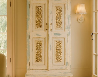 Houten opbergkast Bellevue, witbruine kast, kast in Franse stijl, tweekleurige kledingkast, rustieke boerderijkast, vintage geïnspireerd decor