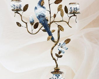 Blue White Parrot Floral Candelabra, Bird Candle Holder, Candlestick, Hollywood Regency Glam Decor, Luxury, Ornamental, Vintage Style, Gift