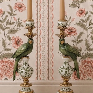 Paire de bougeoirs Palm Royale vert perroquet, bougeoir oiseau, Hollywood Regency, décoration glamour, luxe, décoratif, ornemental, style vintage