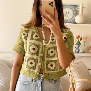 Top all&#39;uncinetto floreale verdeggiante, gilet all&#39;uncinetto in cotone, verde, beige, marrone, boho chic, boho, stile rilassato, festival, da spiaggia, lavorato a mano