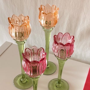 Tulip Flower Glass Candle Holder, Pink, Orange Flower-Shaped Candlestick, Floral Decor, Mouth Blown, Decorative, Spring Home Accent, Gift image 5