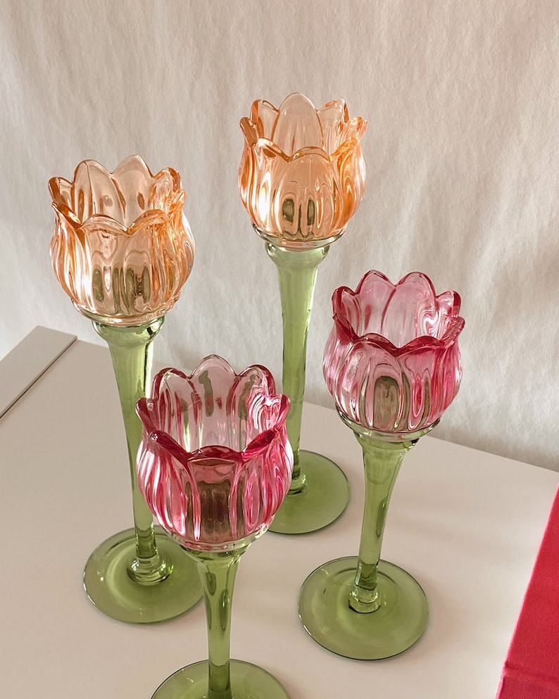 Tulip Flower Glass Candle Holder, Pink, Orange Flower-Shaped Candlestick, Floral Decor, Mouth Blown, Decorative, Spring Home Accent, Gift image 5