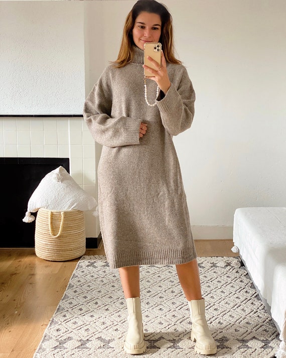 Turtleneck Knit Sweater Dress Fawn, Taupe, Cozy, Comfy, Soft, Stylish, Wool Blend, Cozy Season, Neutral Style, Timeless, Wardrobe Staple