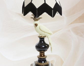 Hollywood Regency Parrot Table Lamp, Unique Desk Lamp, Regal, Elegant Lighting, Art Nouveau, Luxe, Black White, Boudoir, Vintage Style, Gift