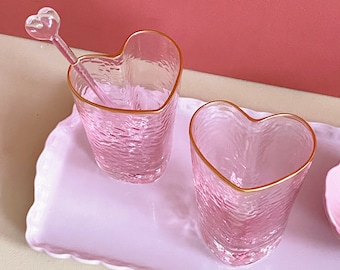 Pink Heart Longdrink Glass with Gold Rim, Coquette, Aesthetic, Handmade Glassware, Romantic, Gift For Her, Wedding Tableware, Hostess Gift