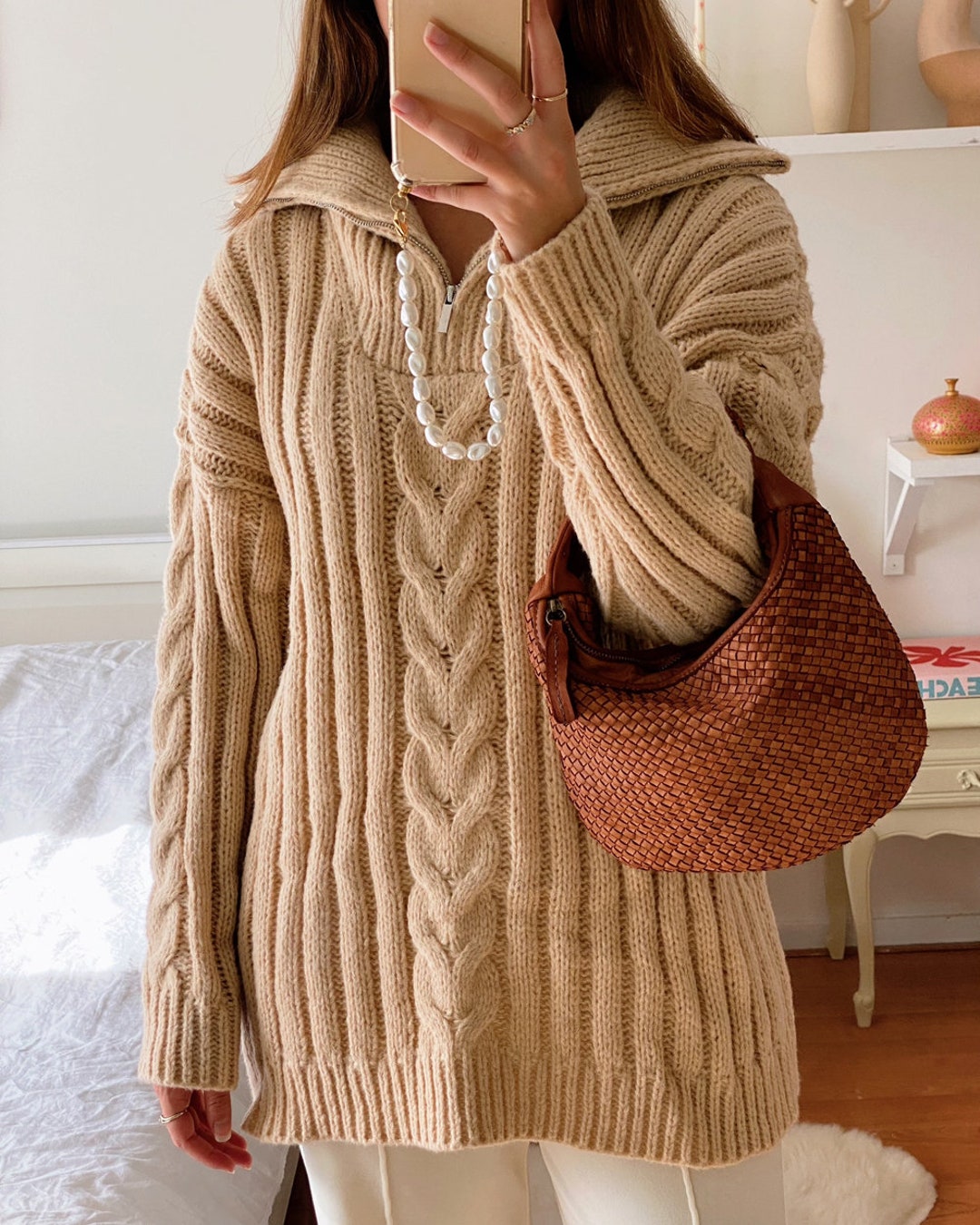 Half Zip Cable Knit Sweater Hazel, Beige, Cream, Black, Comfy, Warm ...