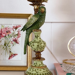 Candelabro con diseño de loro verde botánico, candelabro con forma de pájaro, estilo Hollywood Regency, decoración glamurosa, lujo, decorativo, ornamental, estilo vintage, regalo.
