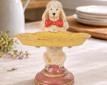 Stojak na tacę z pudlem, stojak na figurkę psa, ekspozycja w stylu vintage, dekoracja stołu na wesele, urodziny, kokietka, prezent dla miłośnika pudli