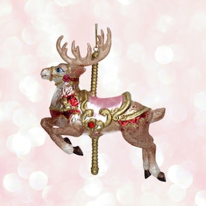 Ornement de carrousel rose cerf de cirque, boule de Noël, décoration à suspendre en verre pour sapin de Noël, paillettes, conte de fées, fantaisiste, style vintage