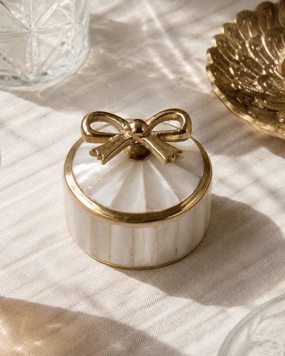 Gold Bow Mother of Pearl Brass Trinket Box, Recycled Brass, Memory Keepsake, Coquette, Old Money Decor, Vintage Style, Gift for Her