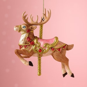 Circus Deer Pink Carousel Ornament, Christmas Bauble, Christmas Tree Glass Hanging Decoration, Glitter, Fairytale, Whimsical, Vintage Style