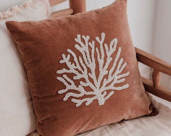 Velvet Cushion Coral with Beaded Coral Detailing, Vintage Pink, Recycled Cotton, Handmade, Embroidered, Luxe, Coastal, Beach House, Seaside