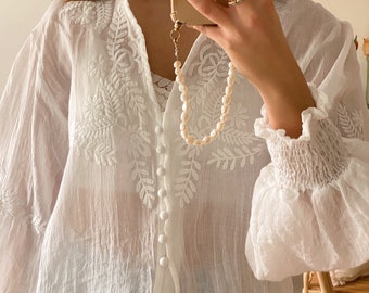 Capri Vine Embroidered Cotton Blouse, 100% Cotton, Embroidered by Hand, Boho Style, Versatile, White Floral Embroidery, Spring, Summer