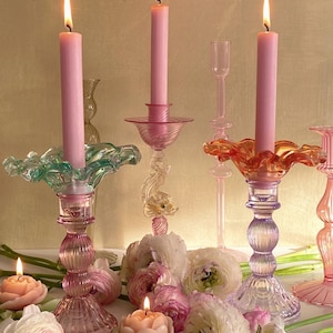Wildflower Glass Candle Holder, Pink, Lilac, Pastel Flower-Shaped Candlestick, Floral Decor, Mouth Blown, Decorative, Garden Wedding, Gift