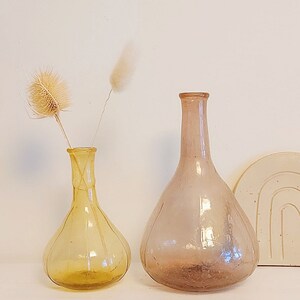 May include: Two glass vases, one amber and one clear with a pink hue. The amber vase has a bulbous shape with a narrow neck and is filled with dried flowers. The clear vase has a wider base and a long neck.
