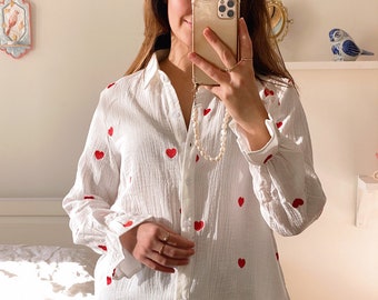 Embroidered Heart Blouse, 100% Cotton, White, Blue Button-Down with Red Hearts, Top, Wardrobe, Staple, Versatile, Casual, Feminine, Romantic