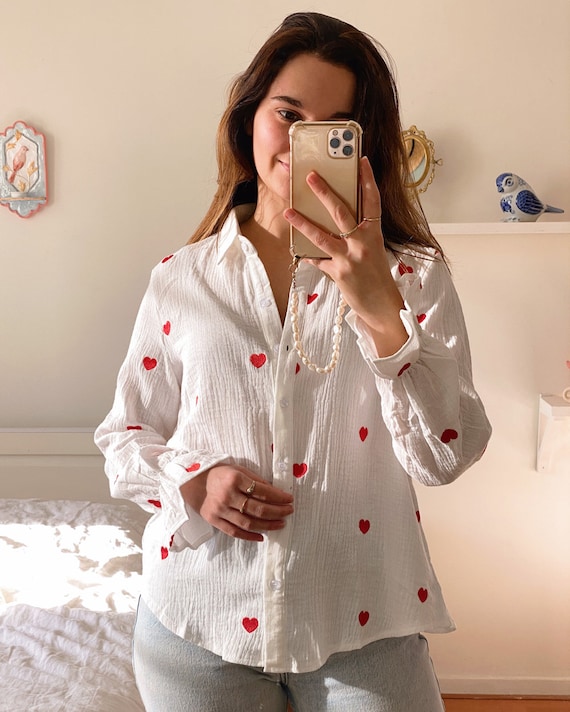 売れ筋商品|||フィオルッチ シャツ レディース トップス EMBROIDERED HEART SHIRT - Button-down blouse - white/light pink Embroidered Heart Blouse, 100% Cotton, White, Blue Button