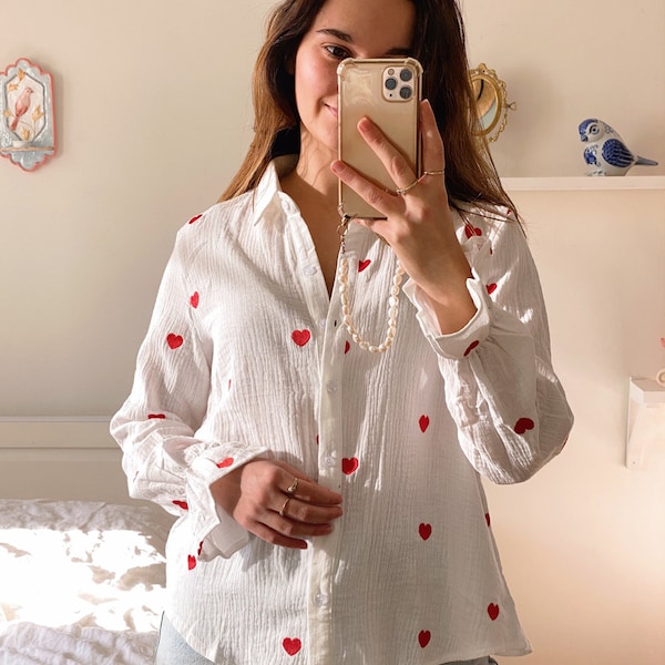 Embroidered Heart Blouse, 100% Cotton, White, Blue Button-Down with Red Hearts, Top, Wardrobe, Staple, Versatile, Casual, Feminine, Romantic